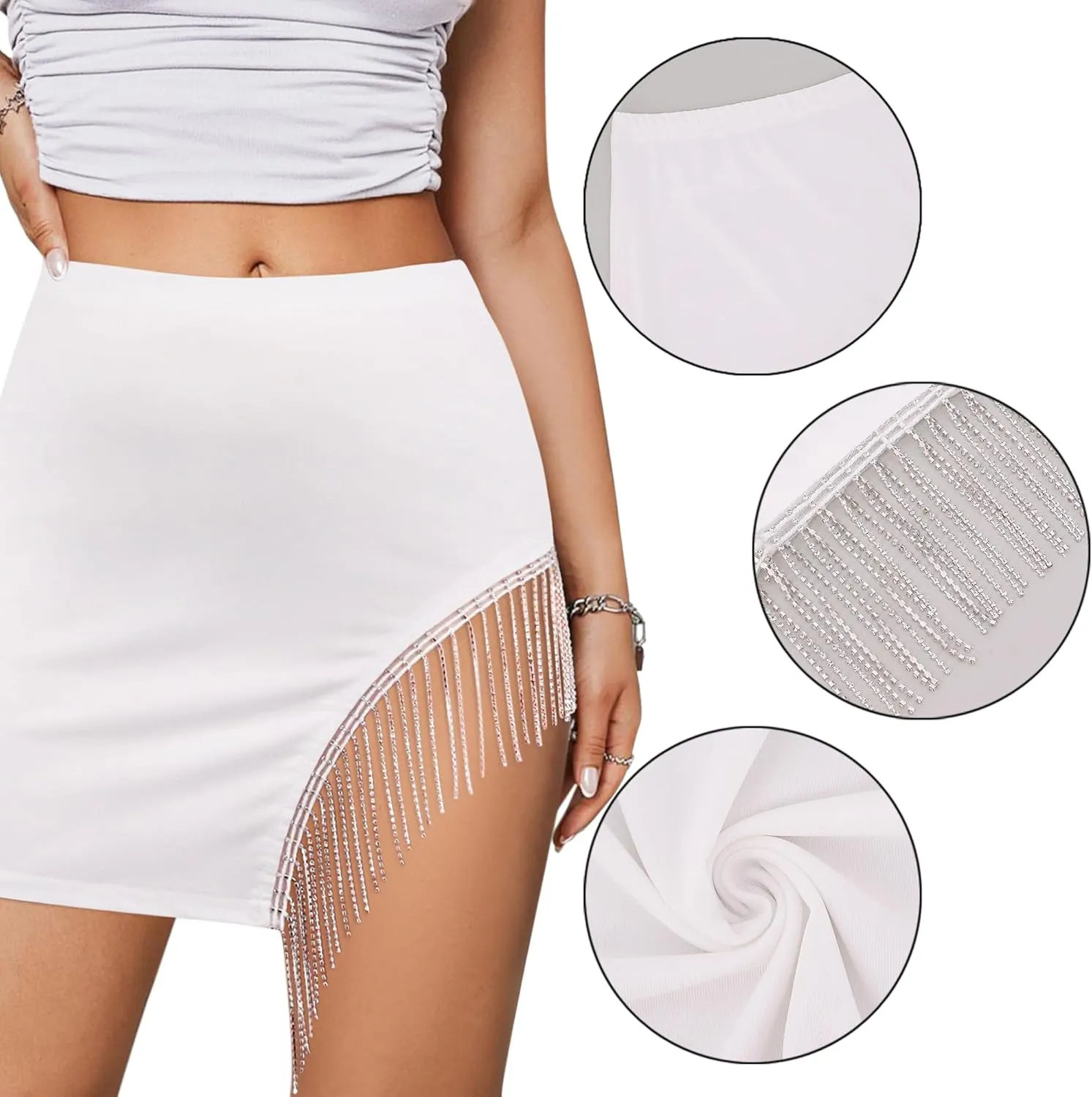 Erinaco Women's Rhinestone Fringe Trim High Waist Bodycon Slit Hem Pencil Mini Short Skirt