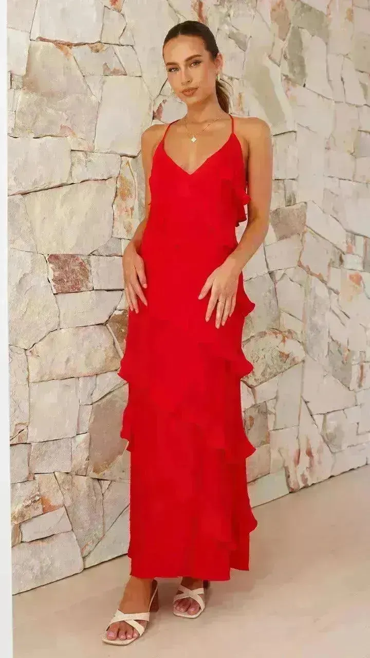 European And American Multi-layer Wooden Ear Backless Halter  Party Long Dress