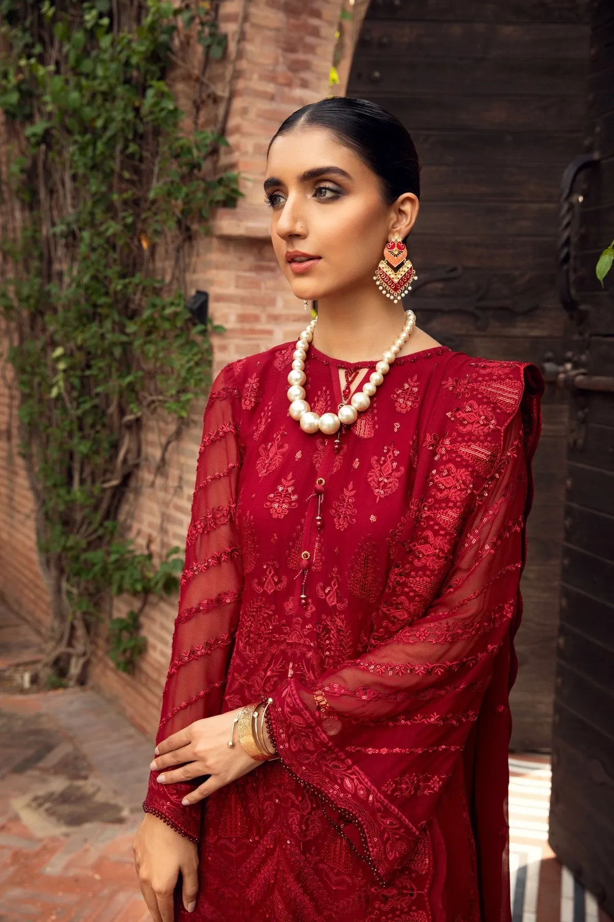 Farasha Embroidered Chiffon Collection – Crimson