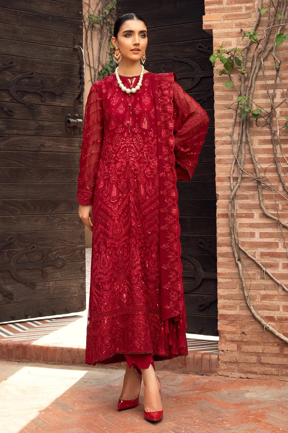 Farasha Embroidered Chiffon Collection – Crimson