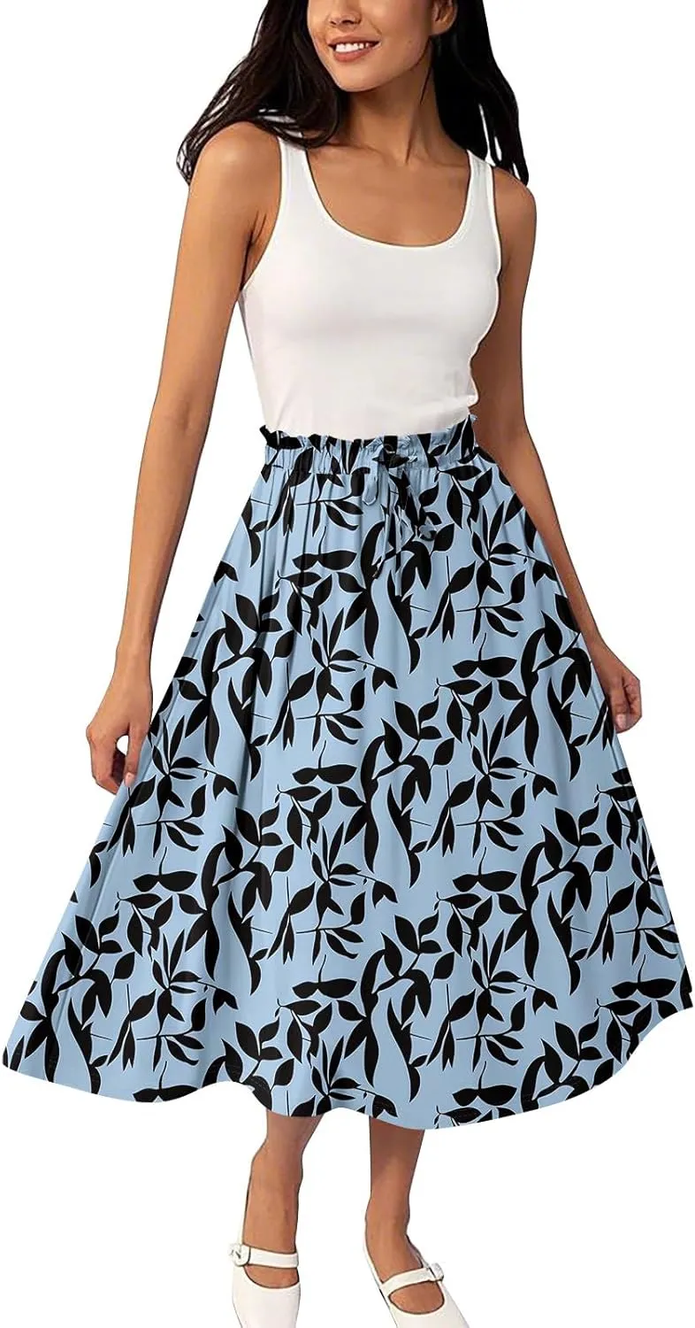 Floral Midi Skirts for Women Summer Drawstring Elastic Waist Knee Length Skirt A Line Ruffle Cute Travel Skirts