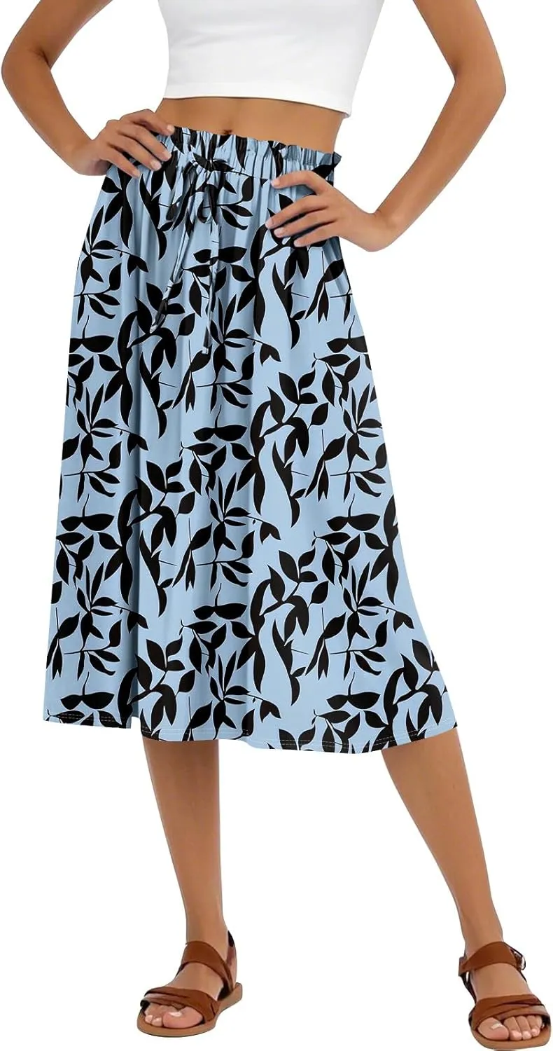 Floral Midi Skirts for Women Summer Drawstring Elastic Waist Knee Length Skirt A Line Ruffle Cute Travel Skirts