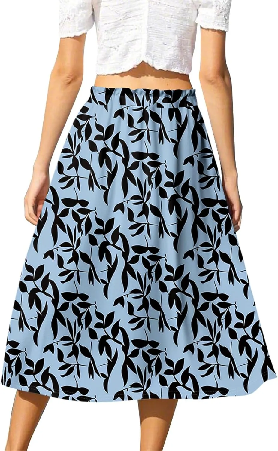 Floral Midi Skirts for Women Summer Drawstring Elastic Waist Knee Length Skirt A Line Ruffle Cute Travel Skirts