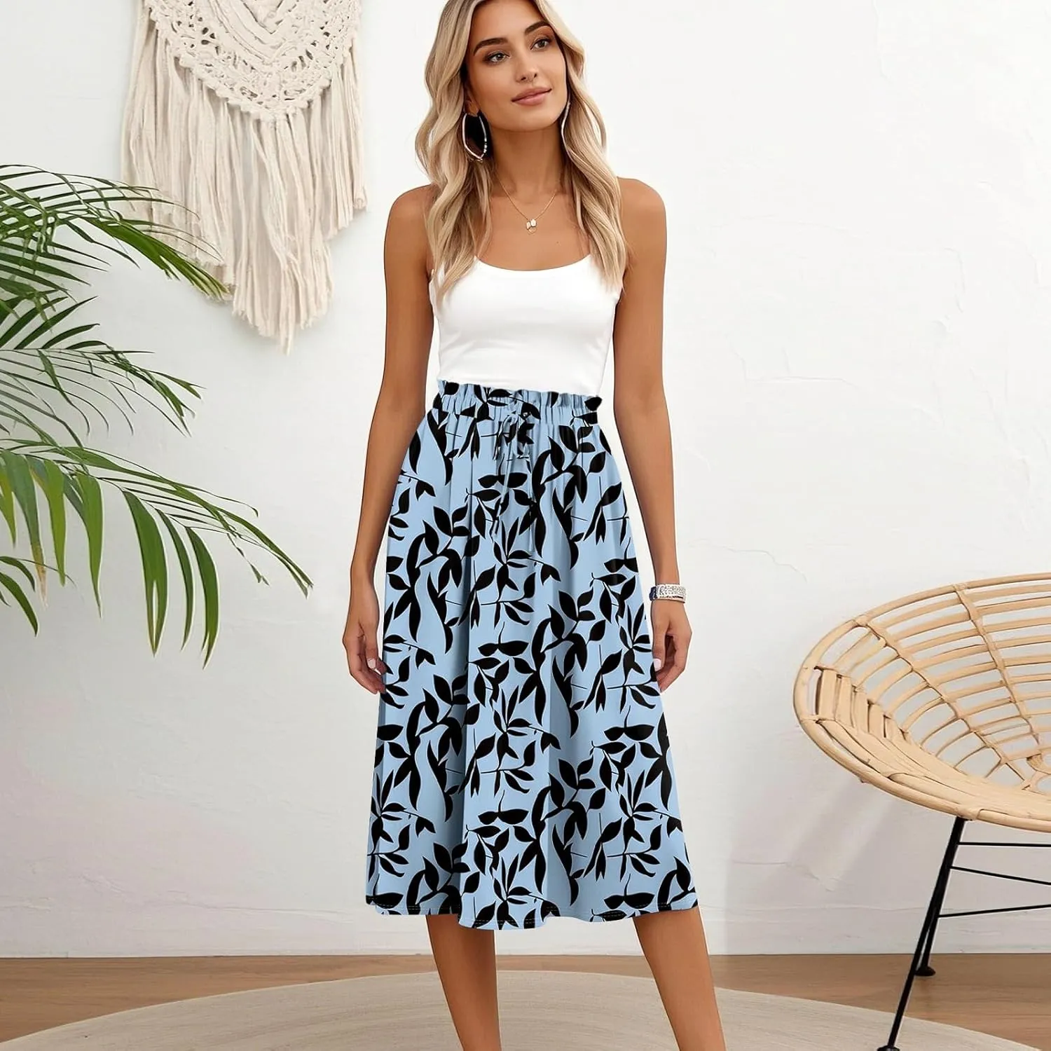 Floral Midi Skirts for Women Summer Drawstring Elastic Waist Knee Length Skirt A Line Ruffle Cute Travel Skirts