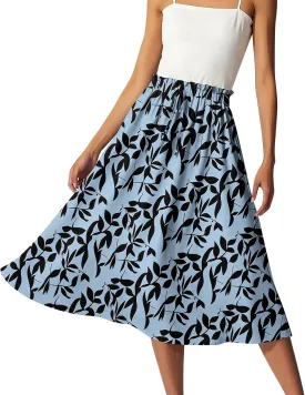 Floral Midi Skirts for Women Summer Drawstring Elastic Waist Knee Length Skirt A Line Ruffle Cute Travel Skirts