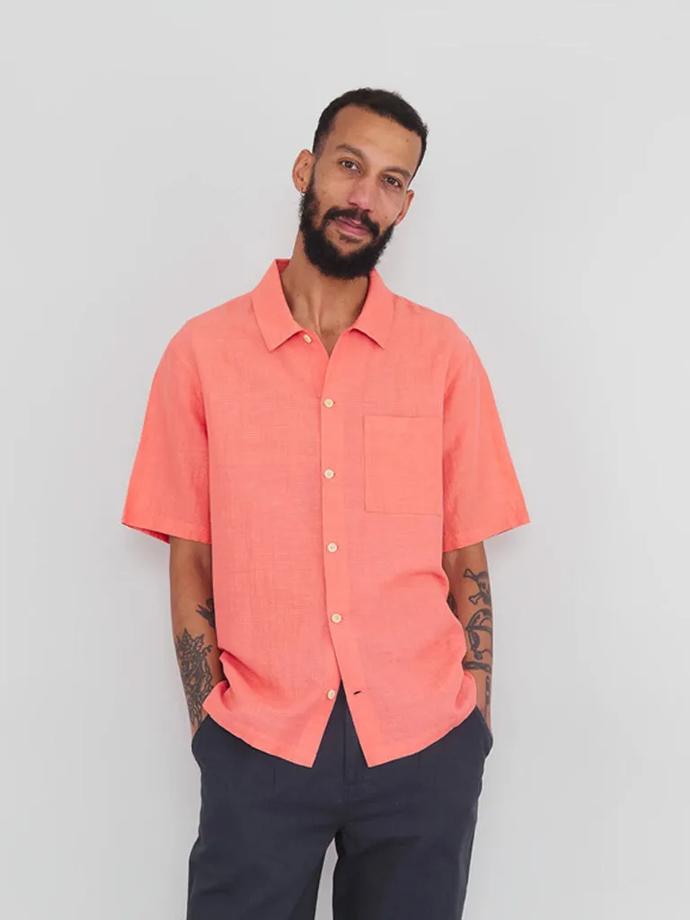 Folk Gabe Shirt in Coral Linen Grid