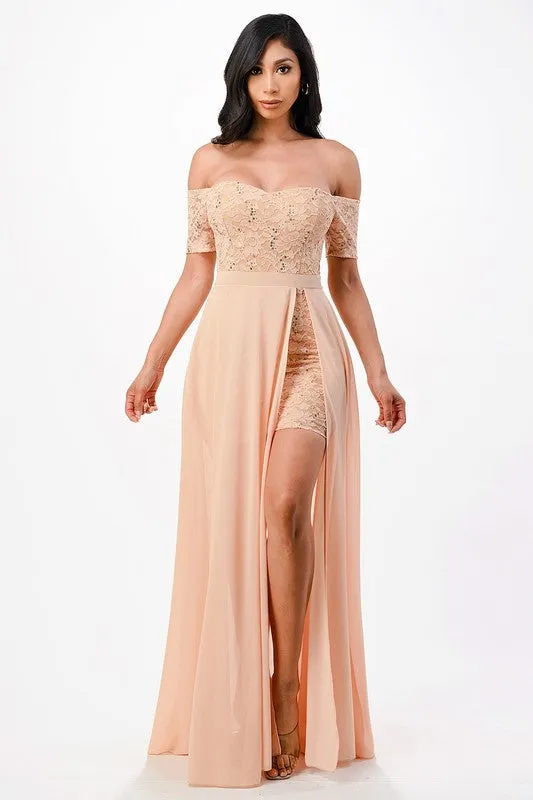 Gold Off The Shoulder Sequin Lace And Chiffon Dress