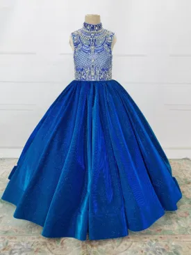 Heavy Beaded Bodice Little Girl Long Roayl Pageant Gown with Train