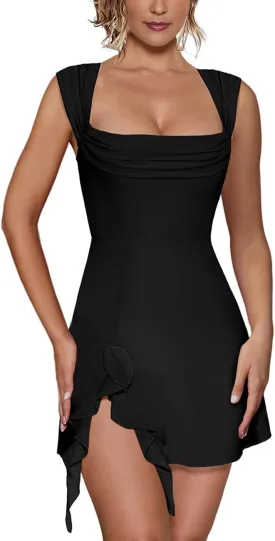 HESUUIO Womens Sexy Square Neck Mini Dress Elegant Sleeveless Bodycon Side Slit Ruffle Club Party Short Dresses