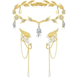 Hicarer Fairy Leaf Crown Headpiece Elf Ears Cuffs Rhinestone Elven Wings Tiara for Wedding Party Cosplay Costume Accessories(Gold)