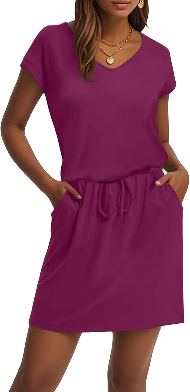 HXHYQKP Casual Summer Dresses for Women Short Sleeve V Neck T Shirt Mini Dress Tie Waist Sundresses with Pockets