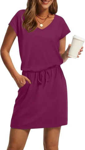 HXHYQKP Casual Summer Dresses for Women Short Sleeve V Neck T Shirt Mini Dress Tie Waist Sundresses with Pockets