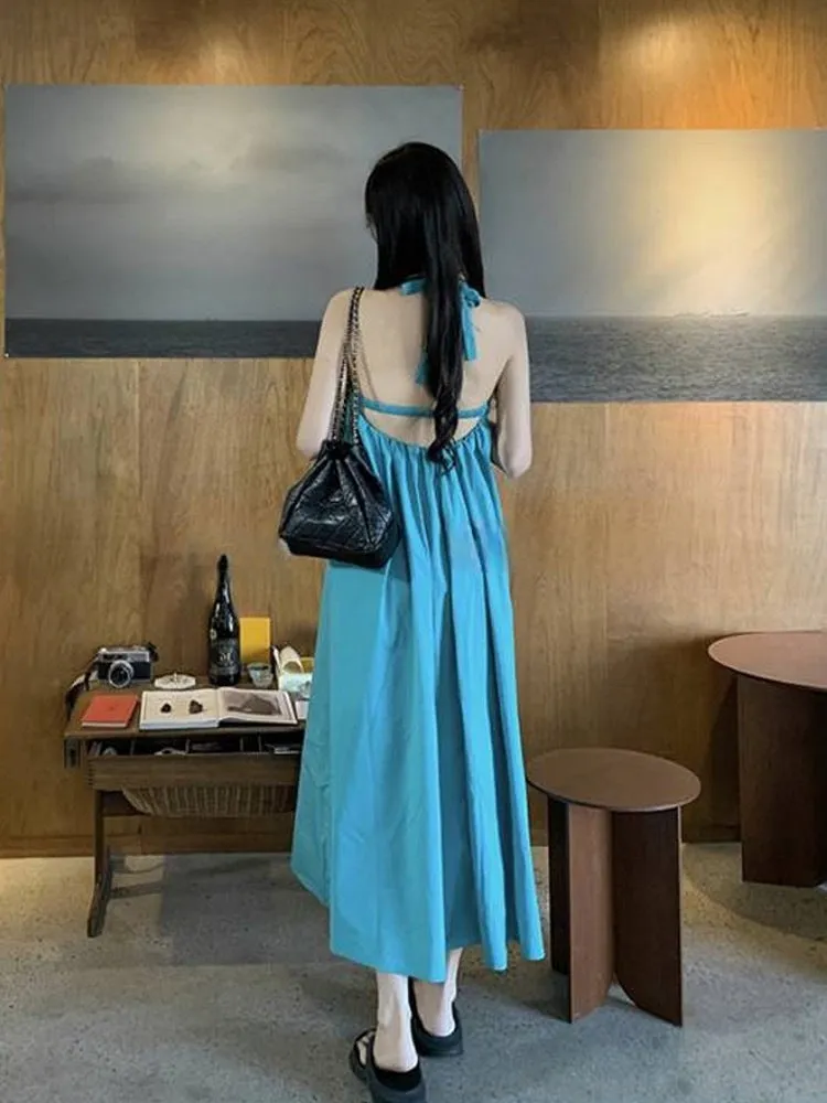 IKEARLAX  Sanya Seaside Vacation Style Sexy Backless Halter Dress Summer Thailand Bali Beach Fairy Long Skirt