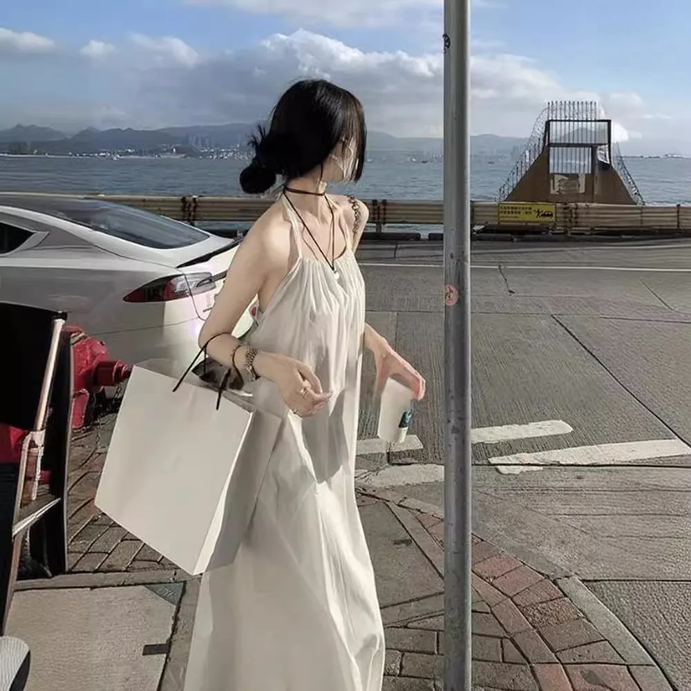 IKEARLAX  Sanya Seaside Vacation Style Sexy Backless Halter Dress Summer Thailand Bali Beach Fairy Long Skirt