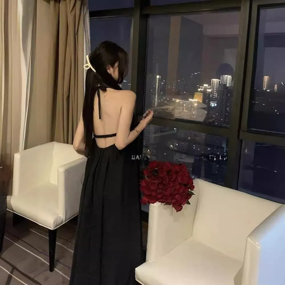 IKEARLAX  Sanya Seaside Vacation Style Sexy Backless Halter Dress Summer Thailand Bali Beach Fairy Long Skirt
