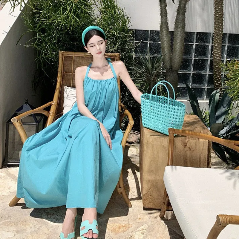 IKEARLAX  Sanya Seaside Vacation Style Sexy Backless Halter Dress Summer Thailand Bali Beach Fairy Long Skirt
