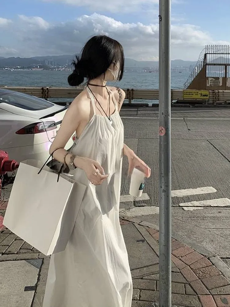 IKEARLAX  Sanya Seaside Vacation Style Sexy Backless Halter Dress Summer Thailand Bali Beach Fairy Long Skirt