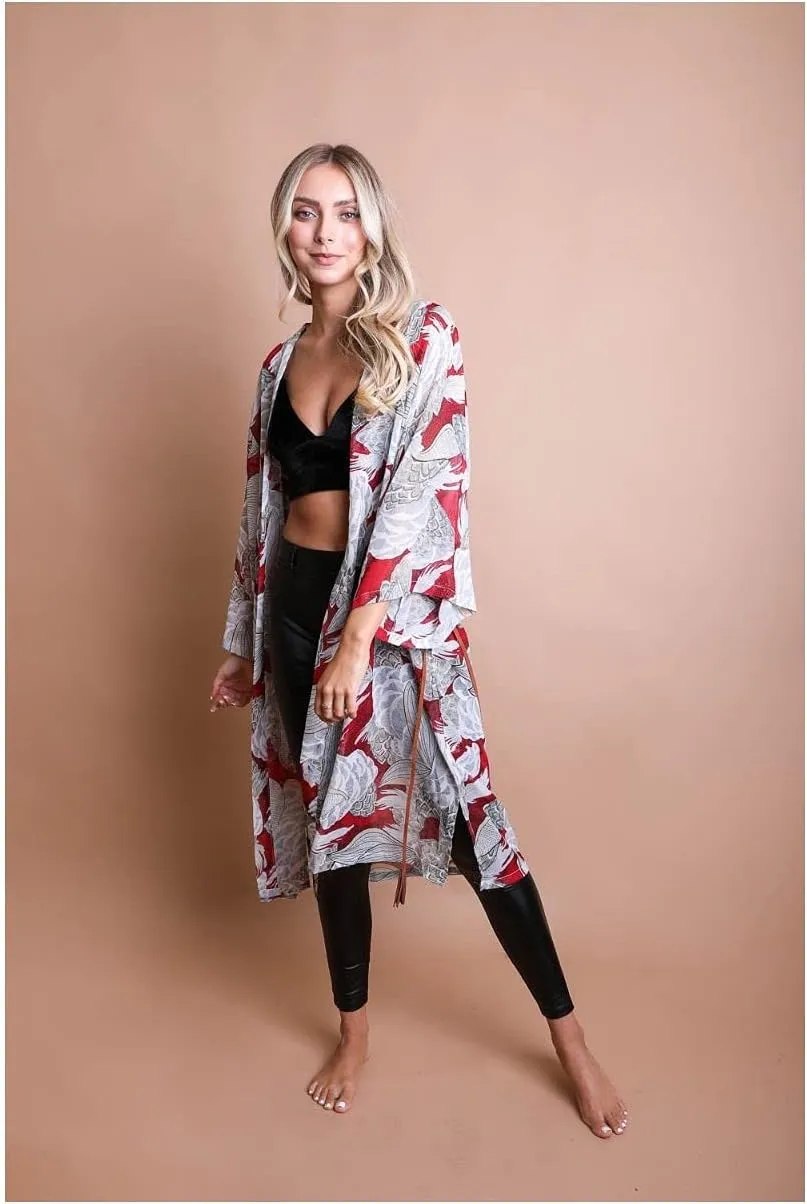 Ikebana Print Kimono W/Skinny Suede Waist Tie Belt Ruana for Womens | Open Front Poncho Wrap Cape Winter Sweater Cardigan