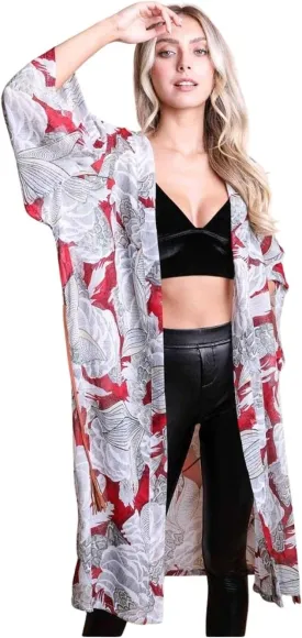 Ikebana Print Kimono W/Skinny Suede Waist Tie Belt Ruana for Womens | Open Front Poncho Wrap Cape Winter Sweater Cardigan