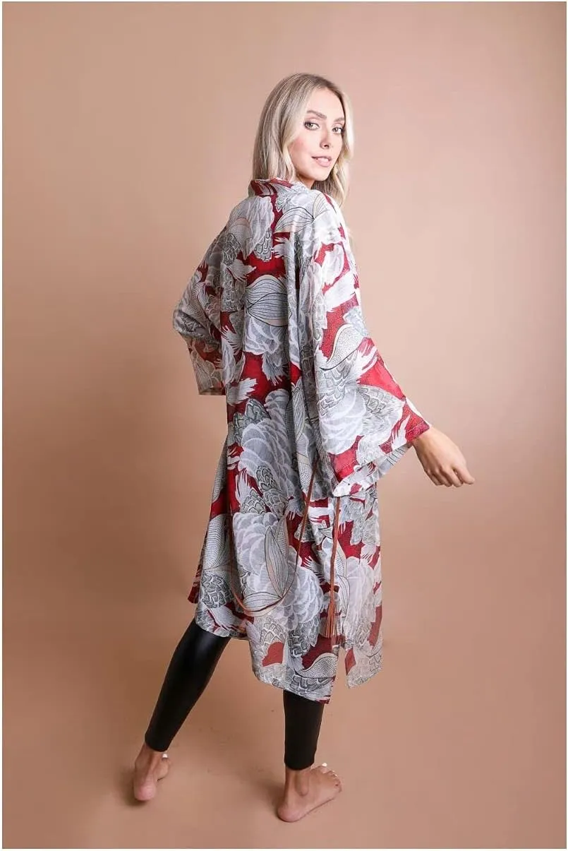 Ikebana Print Kimono W/Skinny Suede Waist Tie Belt Ruana for Womens | Open Front Poncho Wrap Cape Winter Sweater Cardigan