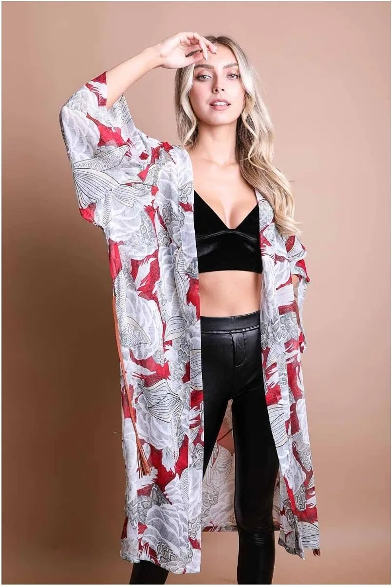 Ikebana Print Kimono W/Skinny Suede Waist Tie Belt Ruana for Womens | Open Front Poncho Wrap Cape Winter Sweater Cardigan
