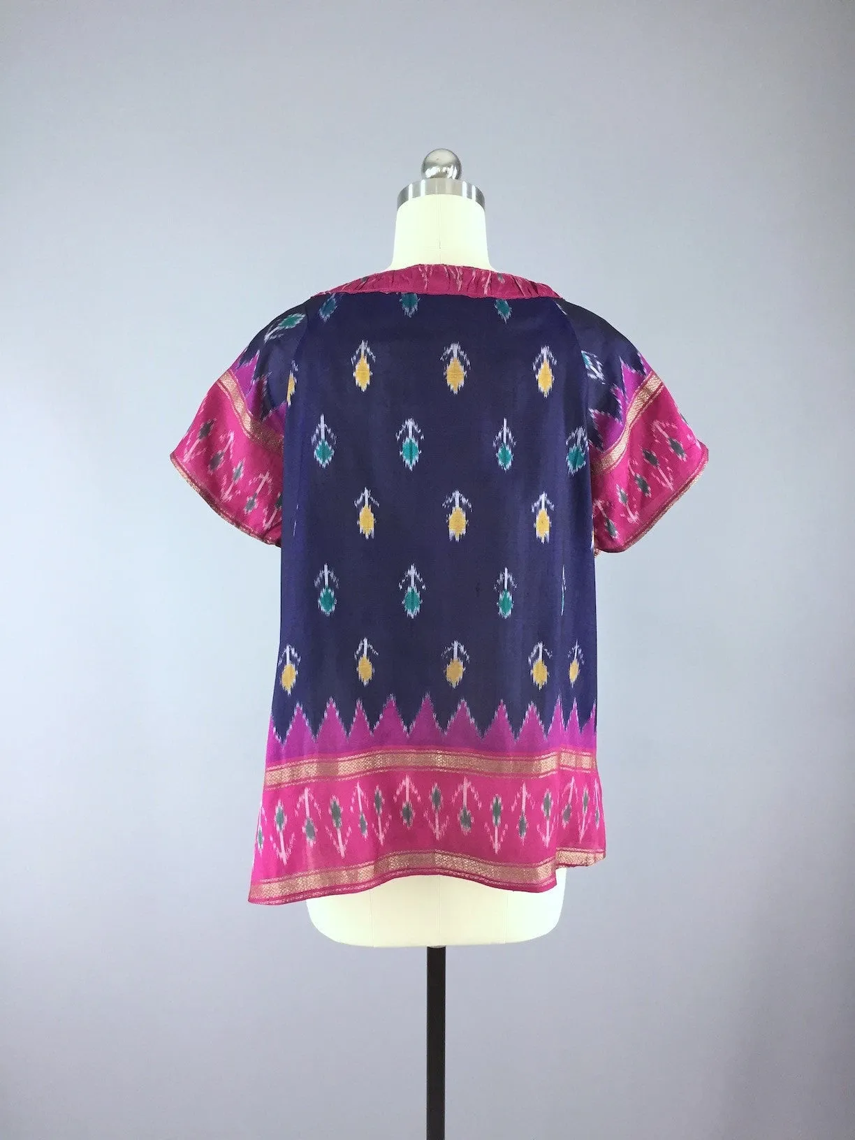 India Silk T-Shirt Blouse / Vintage Indian Sari / Blue and Pink Ikat / Size Large