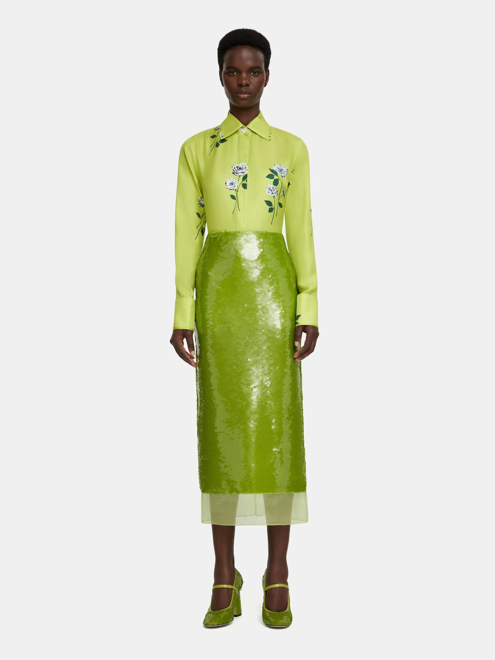 Indu shirt in rose stem on lime silk twill
