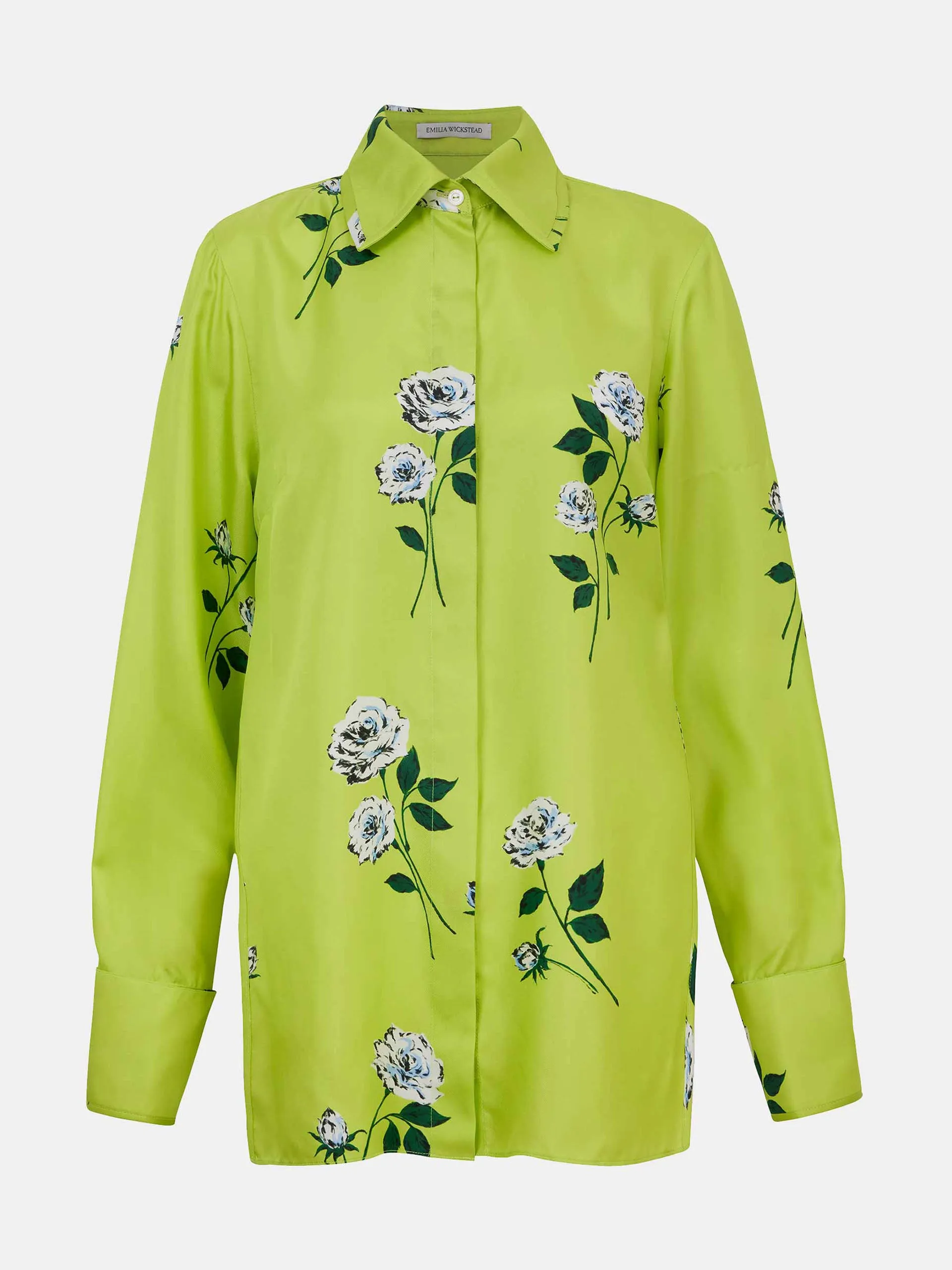Indu shirt in rose stem on lime silk twill