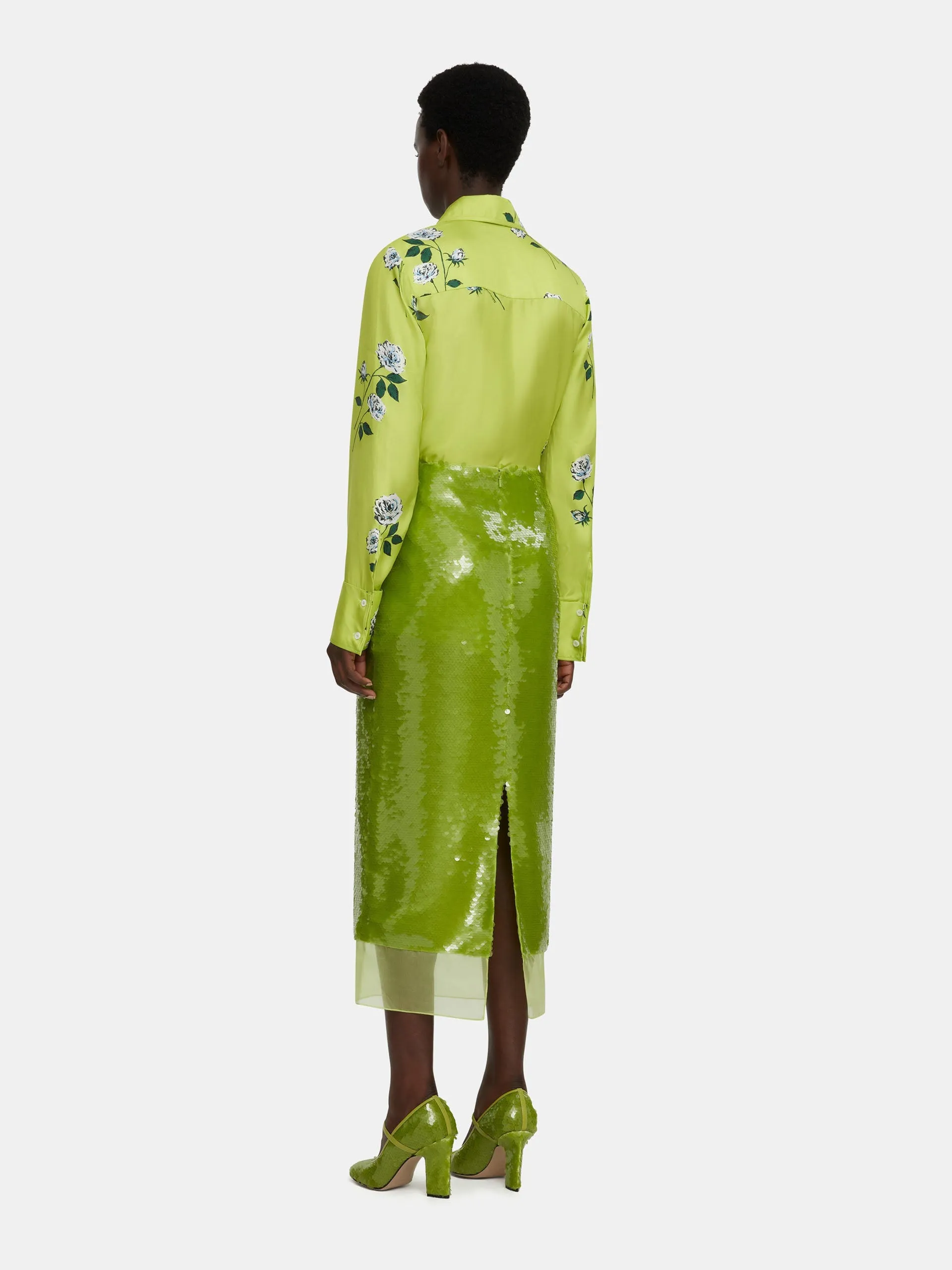 Indu shirt in rose stem on lime silk twill