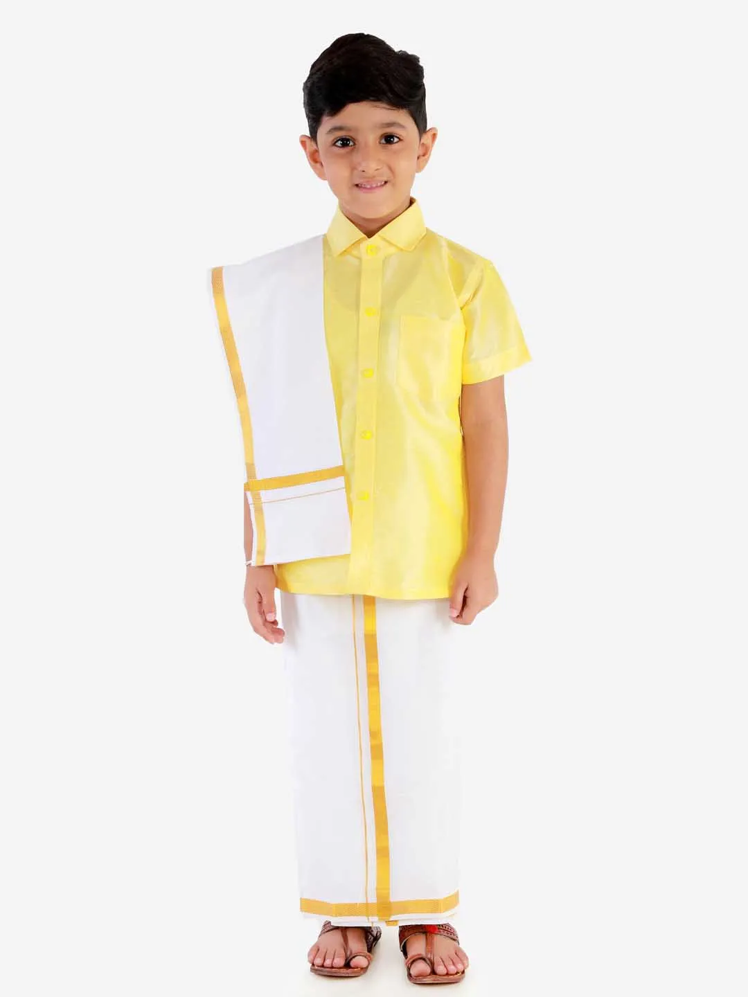 Jashvi Boys' Butter Yellow Silk Short Sleeves Ethnic Shirt