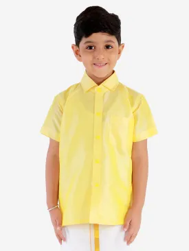 Jashvi Boys' Butter Yellow Silk Short Sleeves Ethnic Shirt