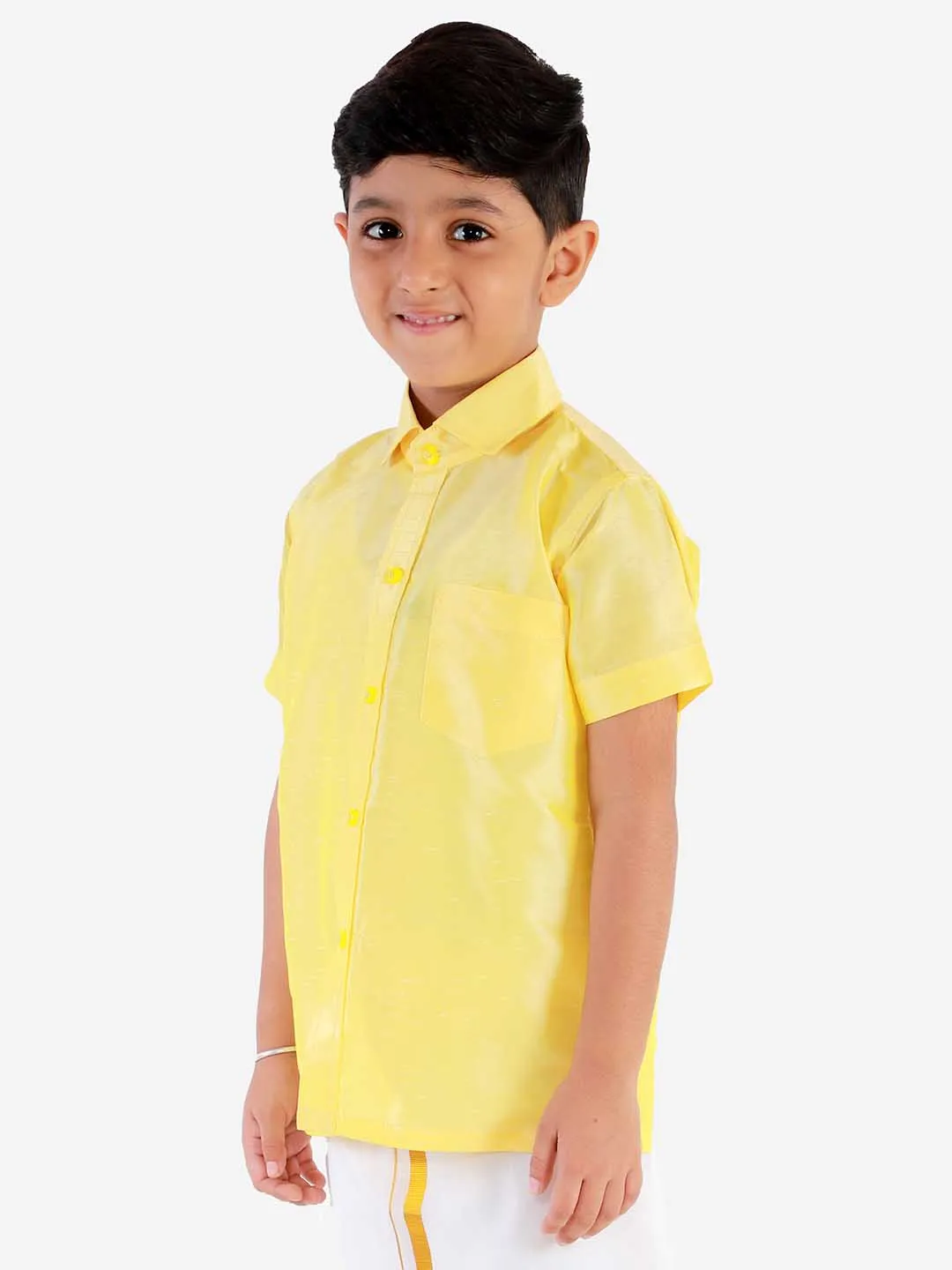 Jashvi Boys' Butter Yellow Silk Short Sleeves Ethnic Shirt