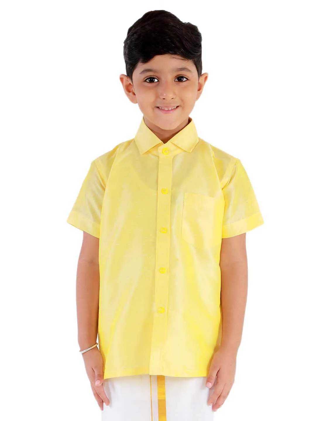 Jashvi Boys' Butter Yellow Silk Short Sleeves Ethnic Shirt