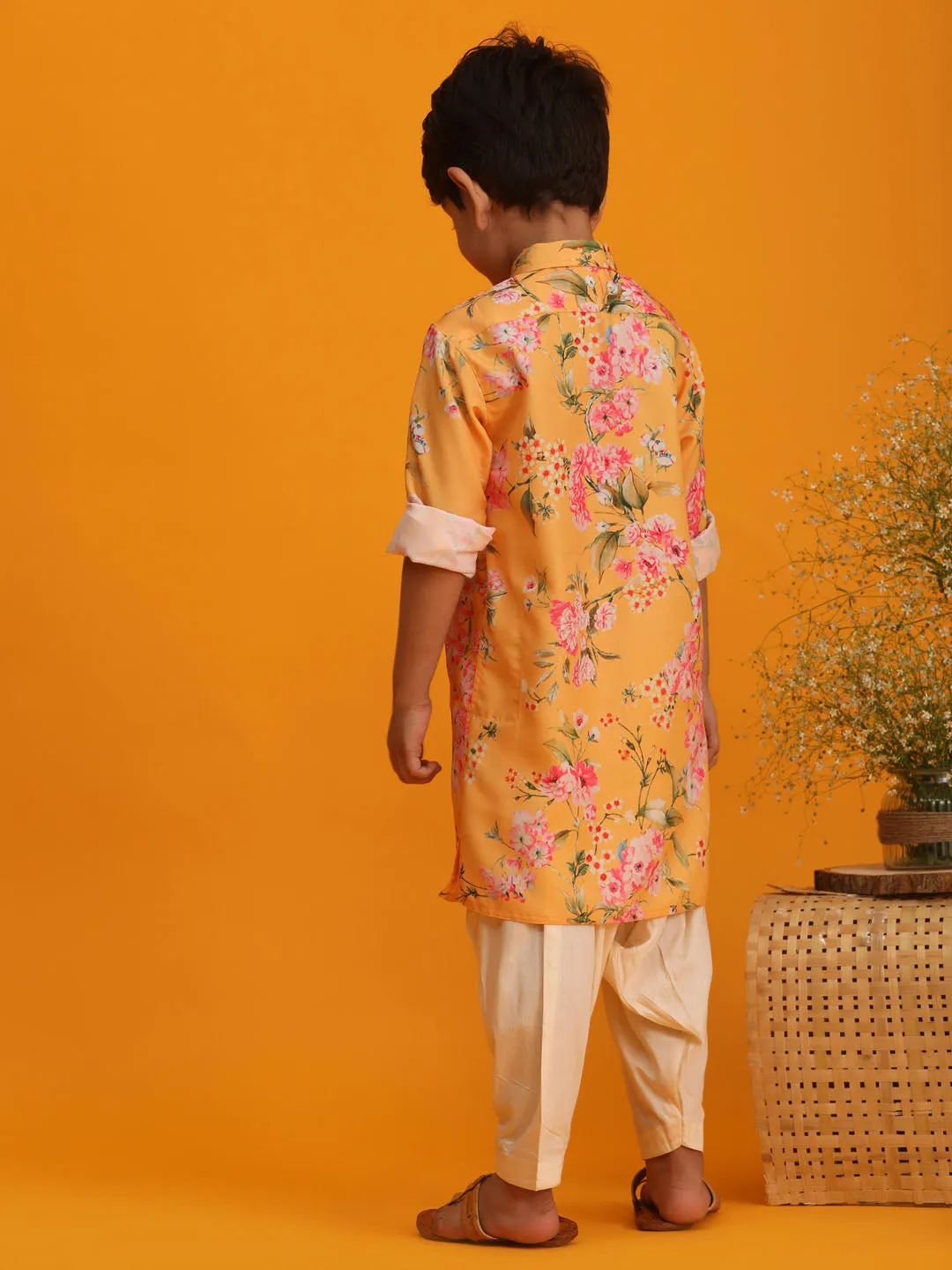 Jashvi Boy's Yellow Floral Printed Kurta with Cream Solid Patiala Set