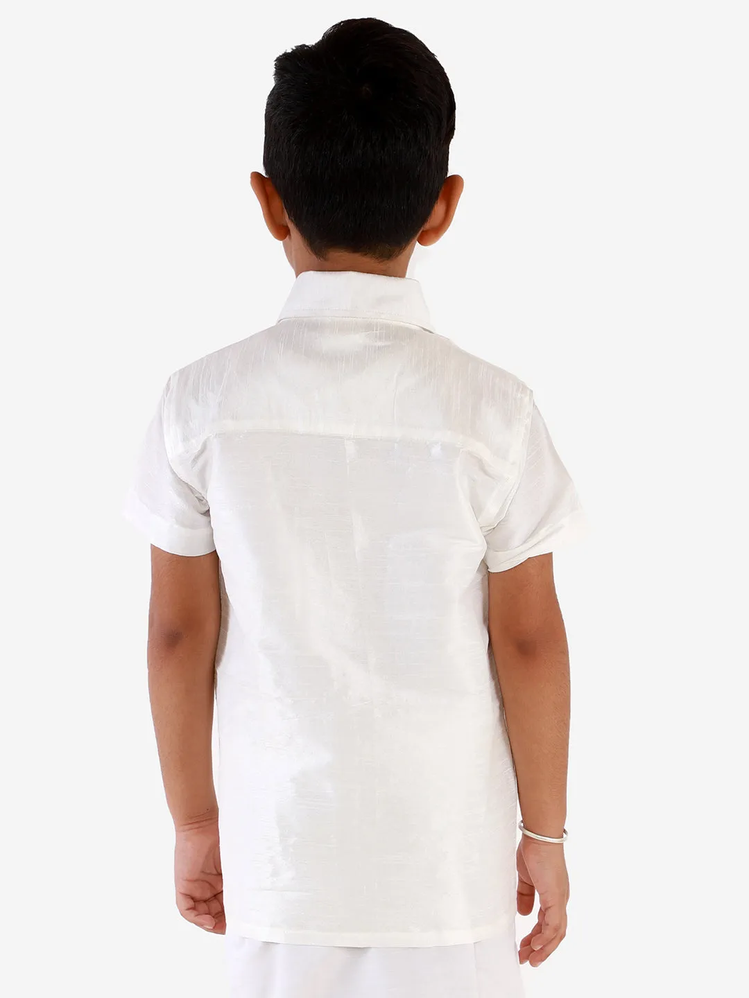 Jashvi Men's & Boys White Solid Silk Blend Half Sleeve Ethnic Shirt