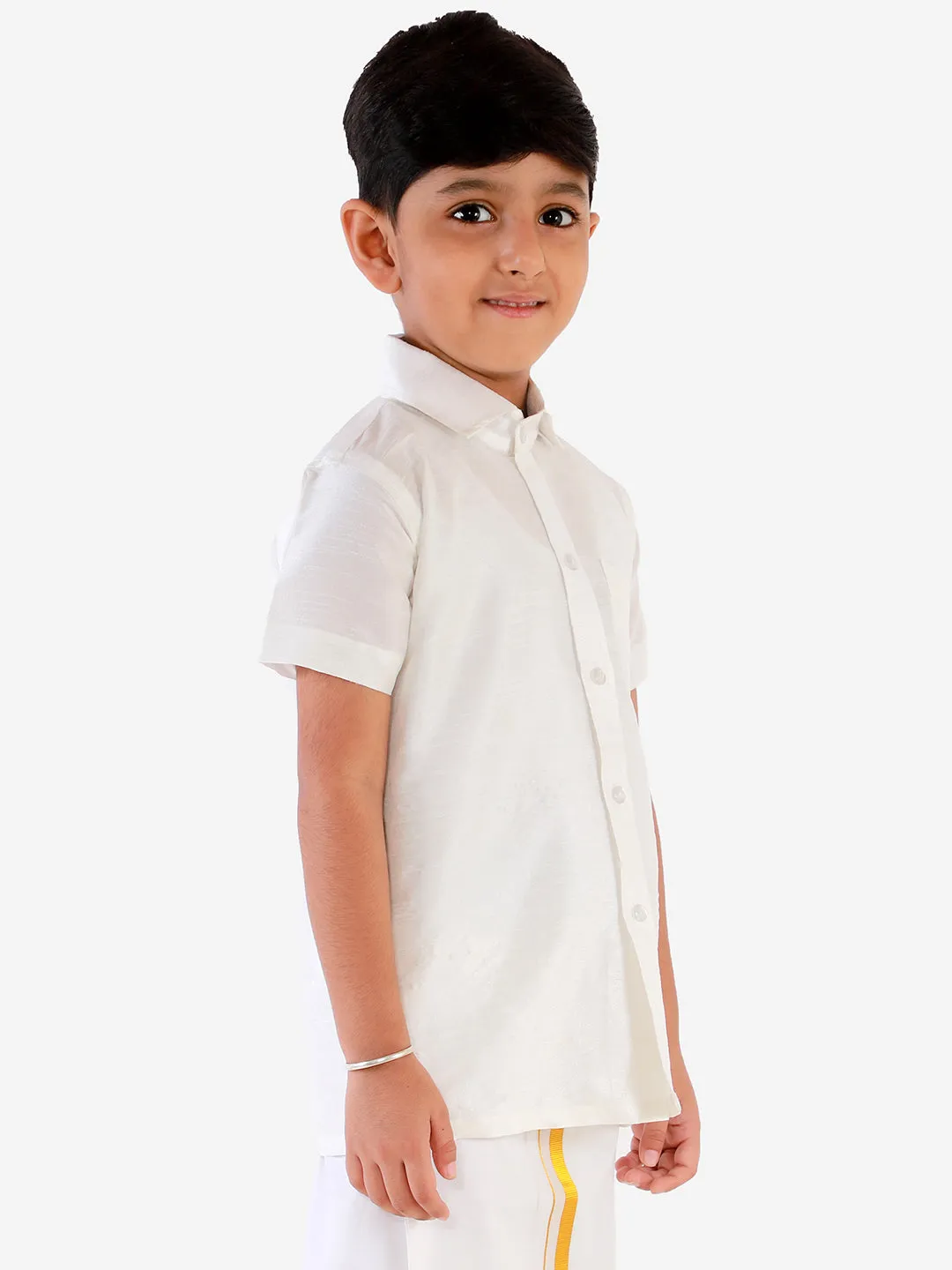 Jashvi Men's & Boys White Solid Silk Blend Half Sleeve Ethnic Shirt