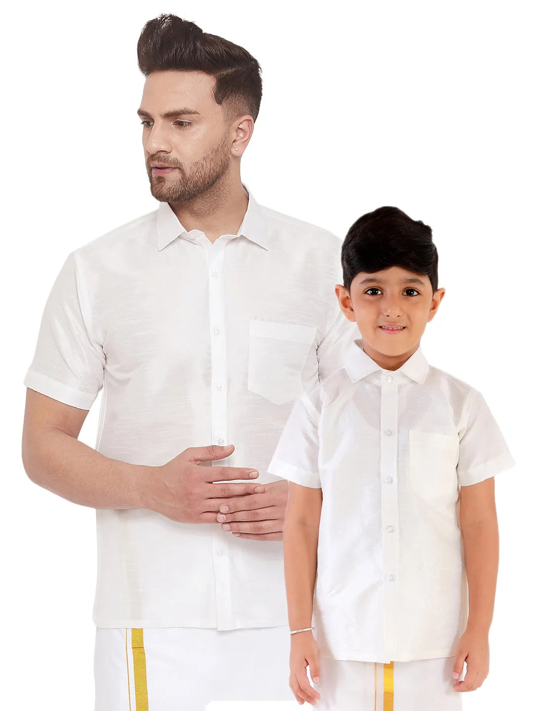 Jashvi Men's & Boys White Solid Silk Blend Half Sleeve Ethnic Shirt