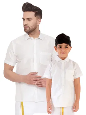 Jashvi Men's & Boys White Solid Silk Blend Half Sleeve Ethnic Shirt