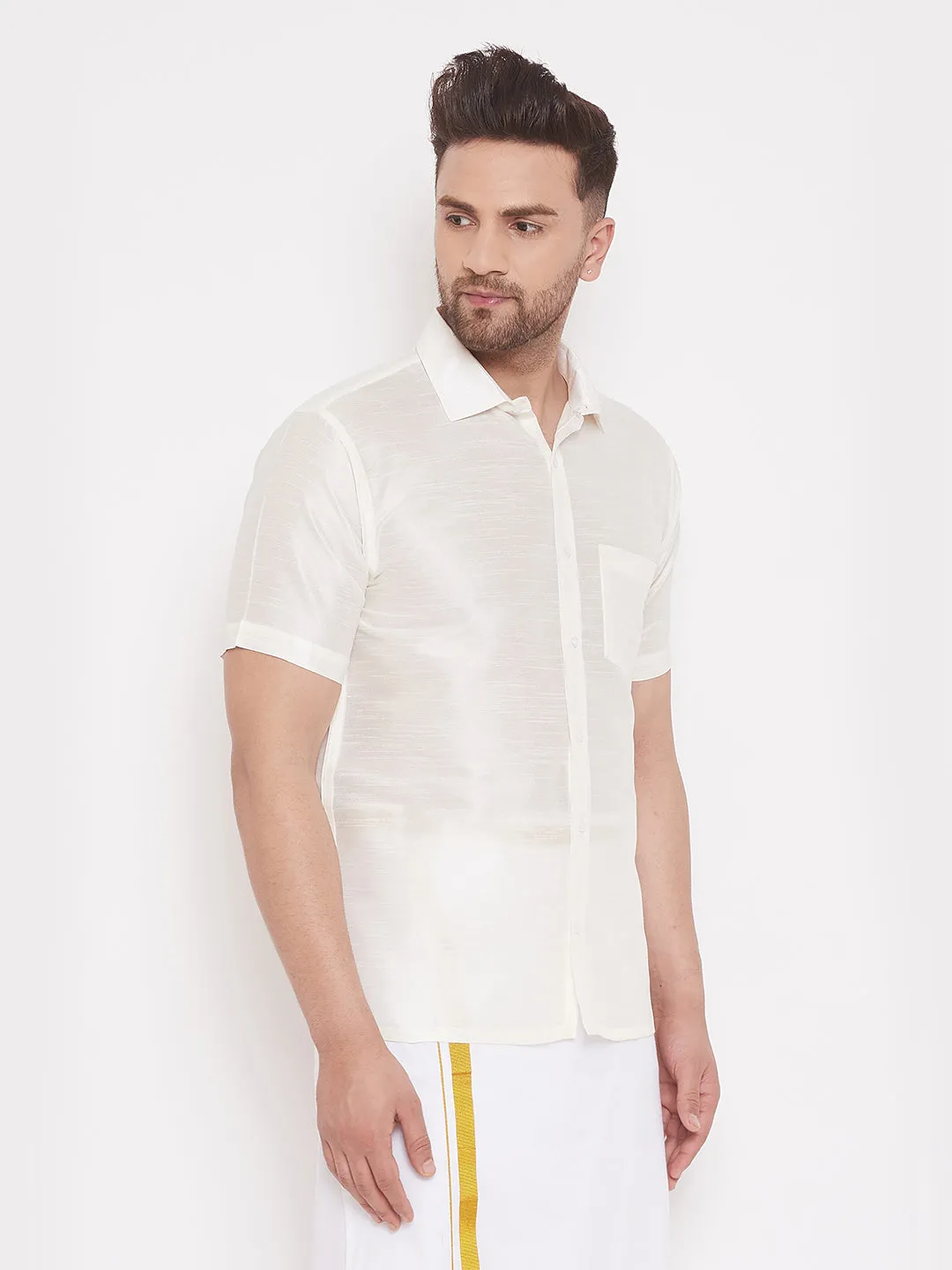 Jashvi Men's & Boys White Solid Silk Blend Half Sleeve Ethnic Shirt