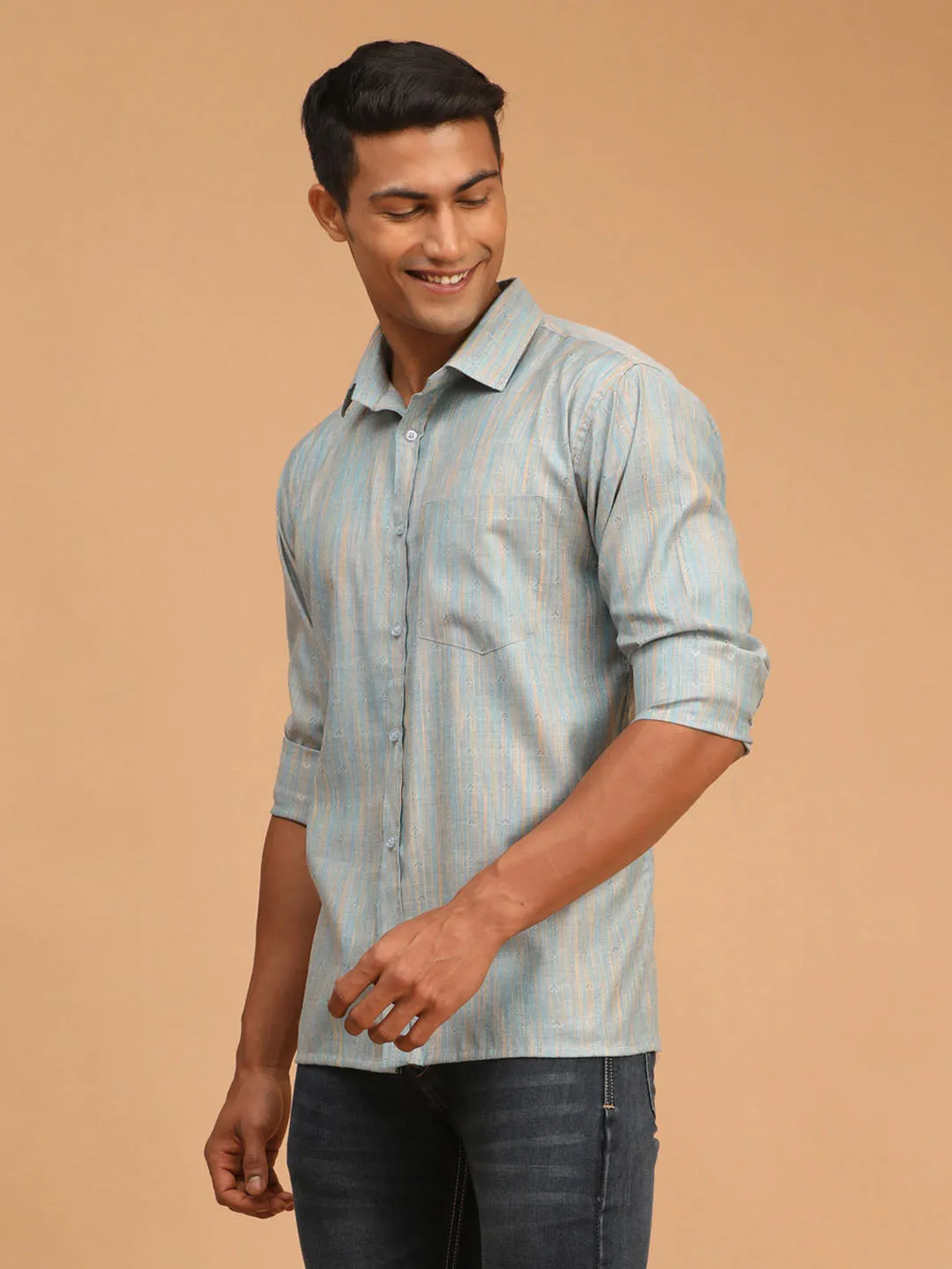 Jashvi Men's Blue Woven Striped Shirt