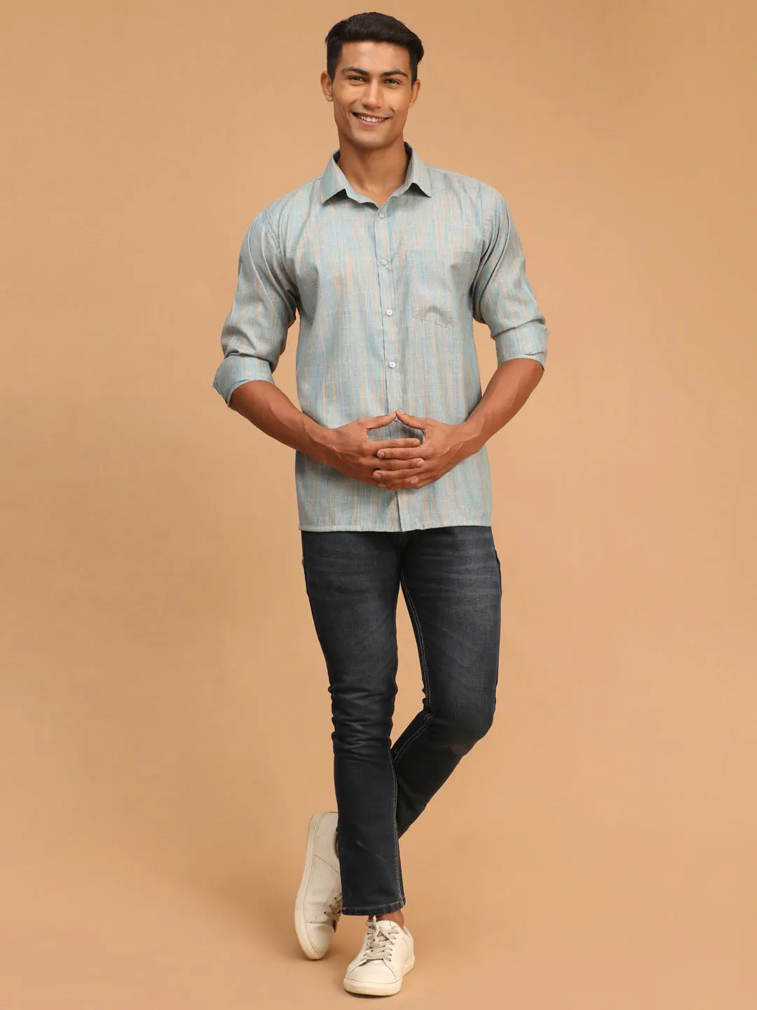 Jashvi Men's Blue Woven Striped Shirt