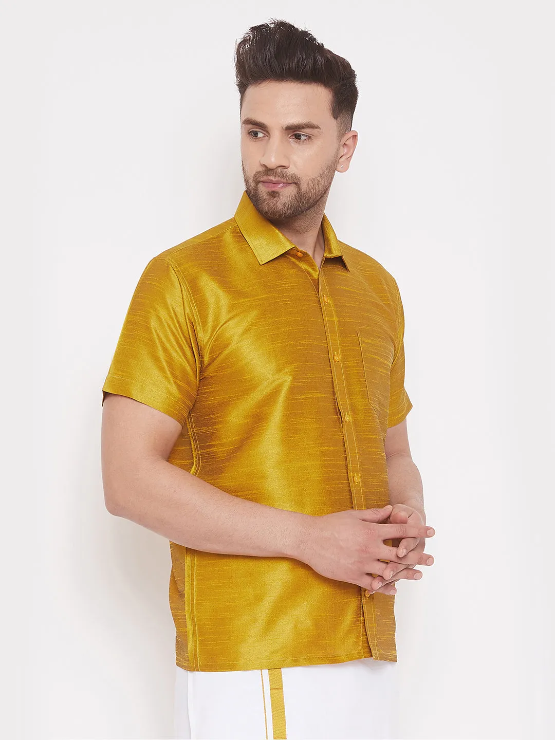 Jashvi Men's Mustard Silk Blend Ethnic Shirt