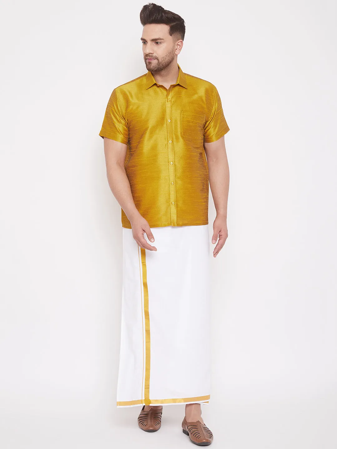Jashvi Men's Mustard Silk Blend Ethnic Shirt