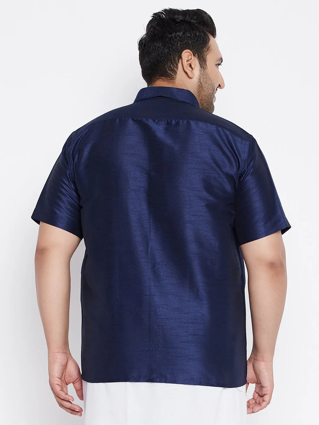 Jashvi Men's Plus Size Navy Blue Silk Blend Ethnic Shirt