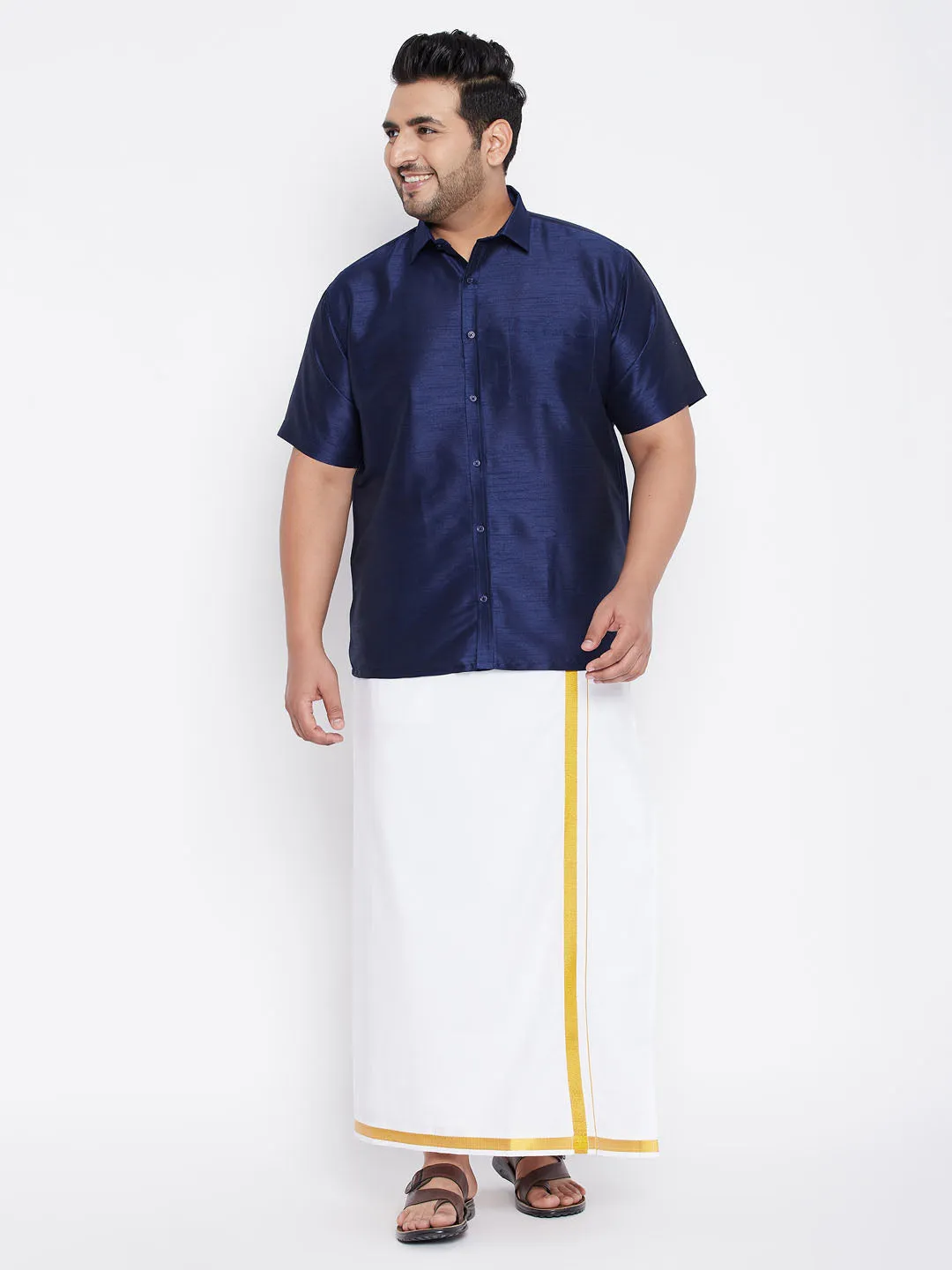 Jashvi Men's Plus Size Navy Blue Silk Blend Ethnic Shirt