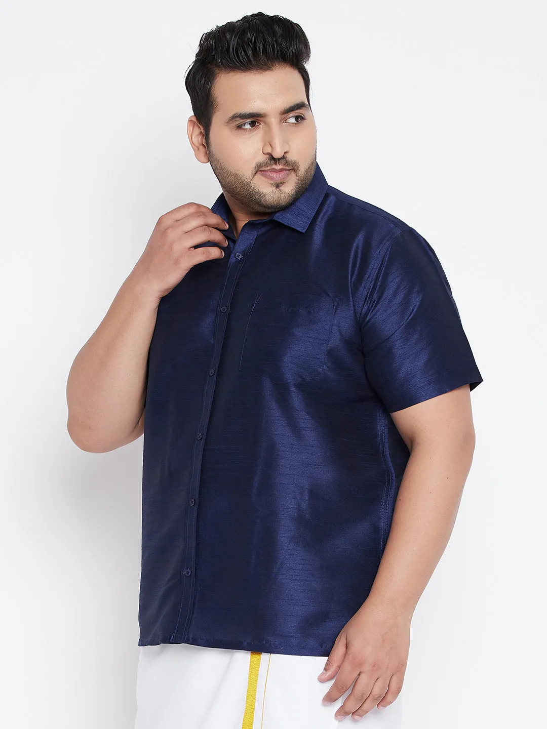 Jashvi Men's Plus Size Navy Blue Silk Blend Ethnic Shirt