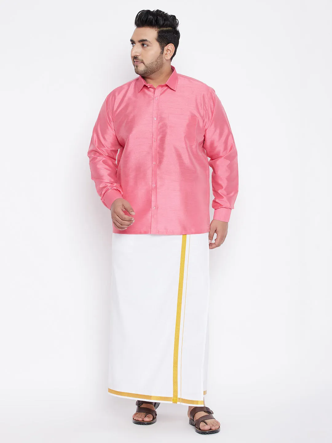 Jashvi Men's Plus Size Pink Silk Blend Ethnic Shirt