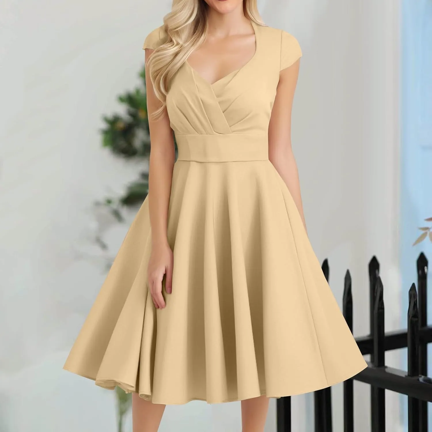 Kenvina 1950S Vintage Dress for Women Wrap V Neck Cap Sleeve Dress Retro Cocktail Party Swing Dresses A-Line Midi Dress
