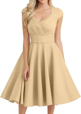 Kenvina 1950S Vintage Dress for Women Wrap V Neck Cap Sleeve Dress Retro Cocktail Party Swing Dresses A-Line Midi Dress