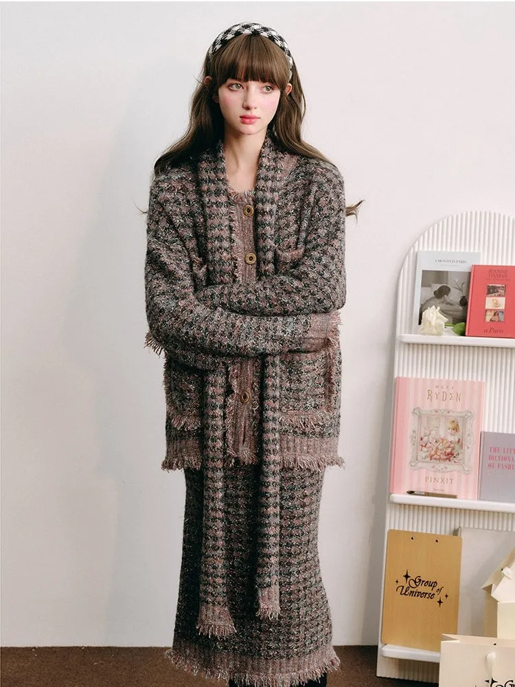 Knitted Fringe Cardigan Jacket With Stole ＆ Long Skirt【s0000003854】